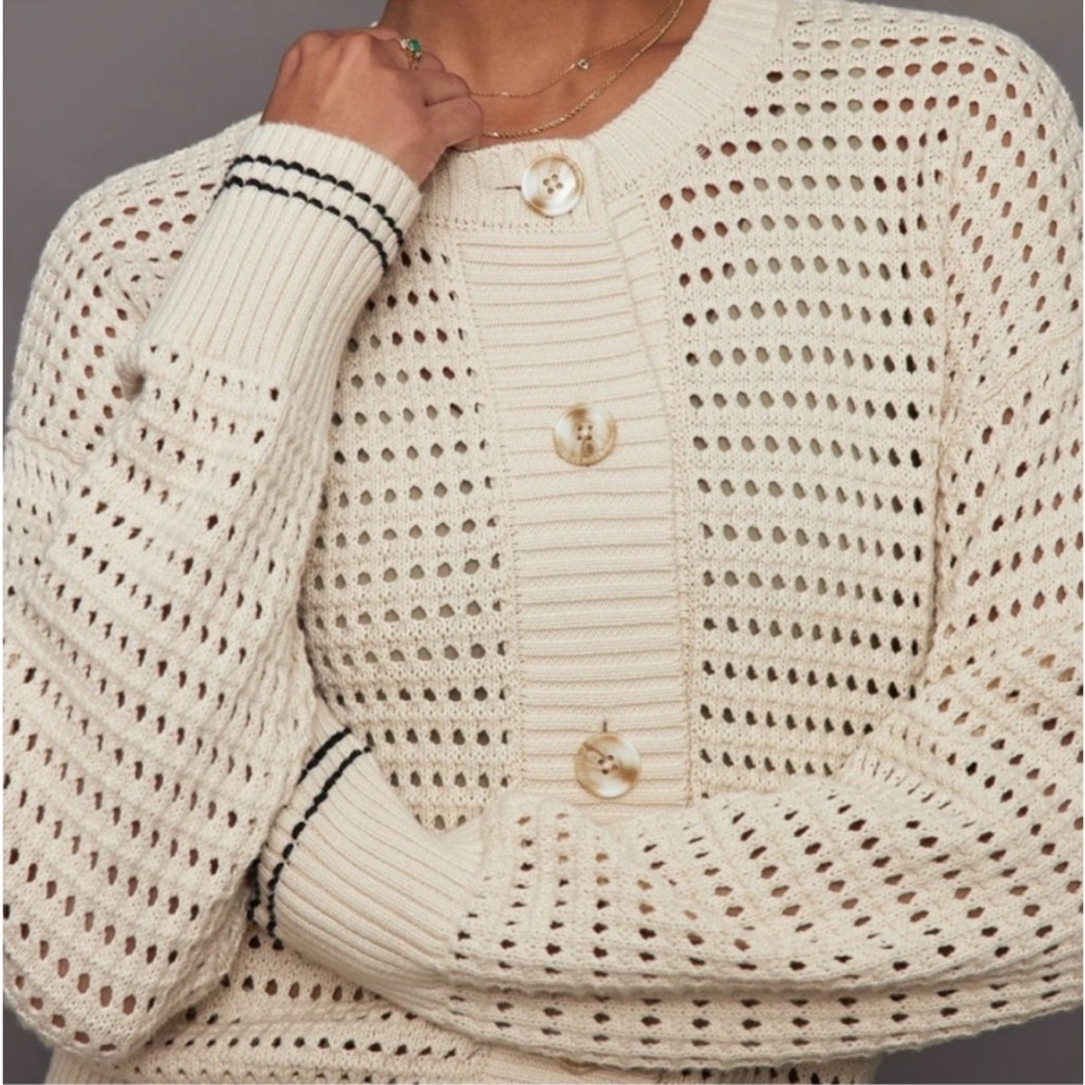Magaschoni Cream Knit Button-Up Cardigan with Black Trim